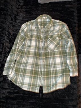 Stella Tweed Olive Green and White Plaid Button-Down Shirt